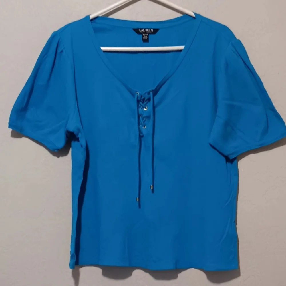 Lauren Ralph Lauren Women Lace-Up Stretch Royal Blue‎ SzXL Tops Short Sleeve